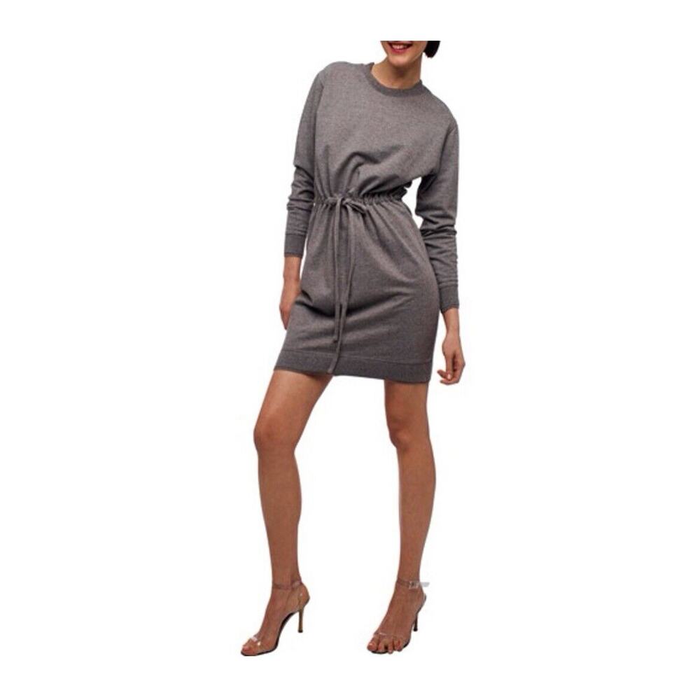 Norma Kamali Dress Sz S Sweatshirt Sweater Dress Gray Fleece Tie Waist Long Slv